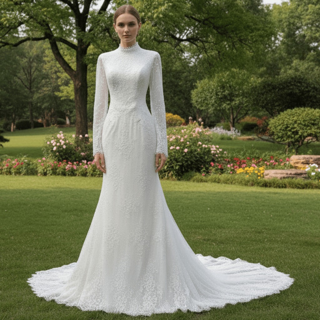 2-in-1 High Neck Lace Wedding Dress with Detachable Overskirt & Mermaid Silhouette - Rosymae