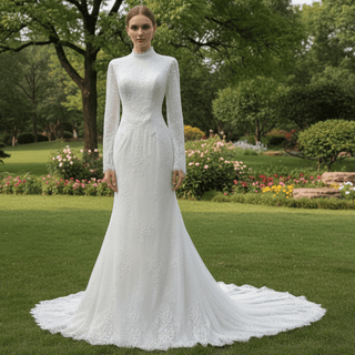 2-in-1 High Neck Lace Wedding Dress with Detachable Overskirt & Mermaid Silhouette - Rosymae