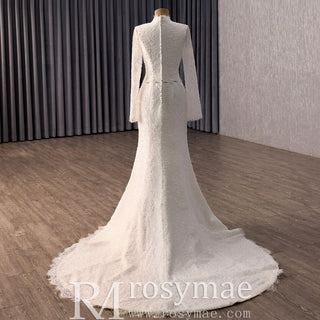 2-in-1 High Neck Lace Wedding Dress with Detachable Overskirt & Mermaid Silhouette - Rosymae