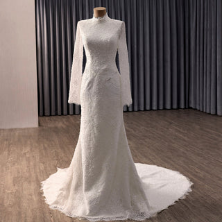2-in-1 High Neck Lace Wedding Dress with Detachable Overskirt & Mermaid Silhouette - Rosymae