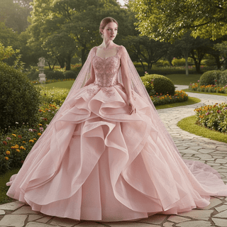 2-in-1 Red Layered Quinceañera Dress with Detachable Beaded Cape - Rosymae