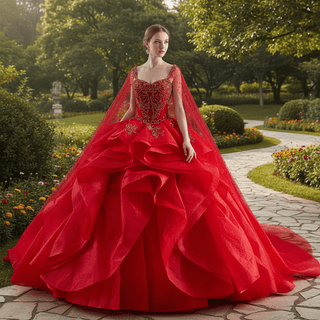 2-in-1 Red Layered Quinceañera Dress with Detachable Beaded Cape - Rosymae