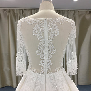 Sheer Back 3/4 Length Sleeve Lace Wedding Dress with V-neck