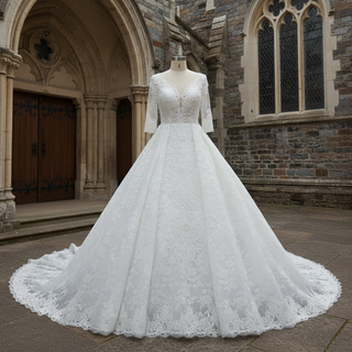 Vintage Sheer Back Half Sleeve Lace Wedding Dress with V-neck Vintage Sheer Back Half Sleeve Lace Wedding Dress with V-neck