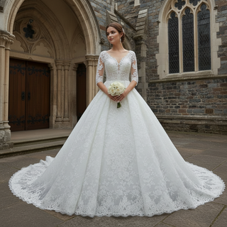 Vintage Sheer Back Half Sleeve Lace Wedding Dress with V-neck Rosymae Vintage Sheer Back Half Sleeve Lace Wedding Dress with V-neck Rosymae