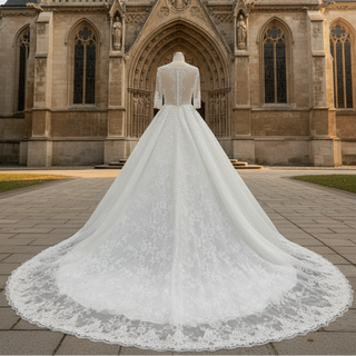 Vintage Sheer Back 3/4 Length Sleeve Lace Wedding Dress with V-neck