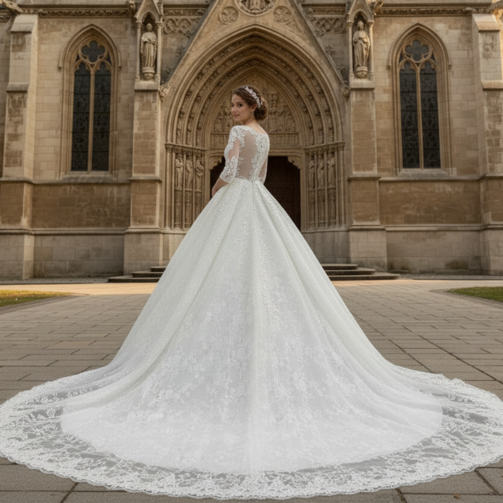 Vintage Sheer Back Half Sleeve Lace Wedding Dress with V-neck Rosymae Vintage Sheer Back Half Sleeve Lace Wedding Dress with V-neck Rosymae