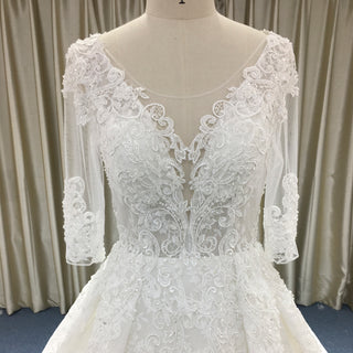 Sheer Back 3/4 Length Sleeve Lace Wedding Dress with V-neck