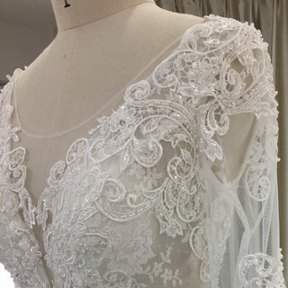 Sheer Back 3/4 Length Sleeve Lace Wedding Dress with V-neck