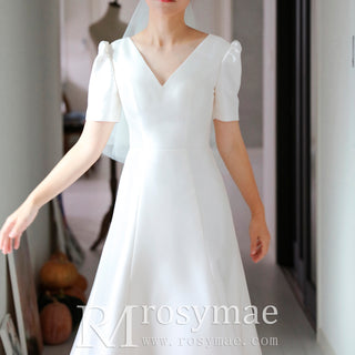 3/4 Sleeve Satin Vneck Wedding Dress with Ankle Length