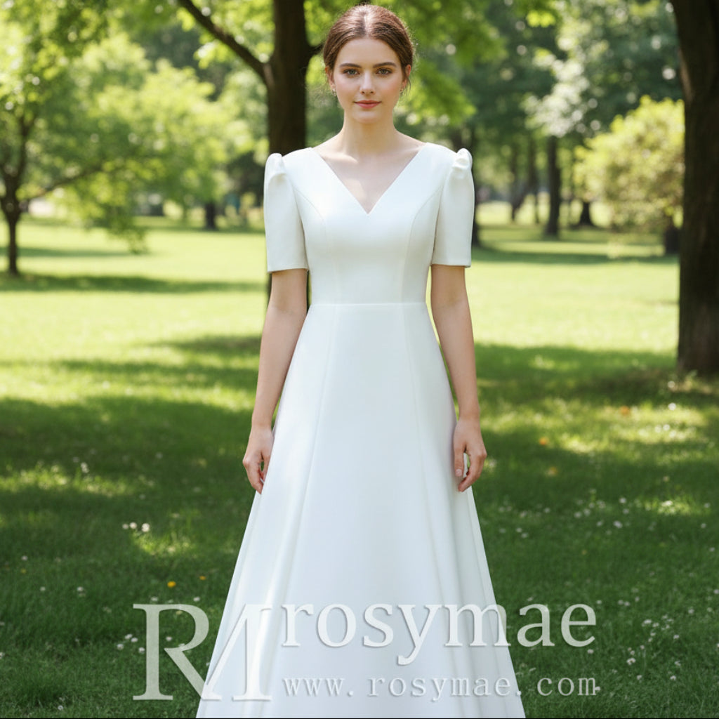 Short Sleeve Satin Vneck Wedding Dress with Ankle Length Champagne / 0 Short Sleeve Satin Vneck Wedding Dress with Ankle Length Champagne / 0