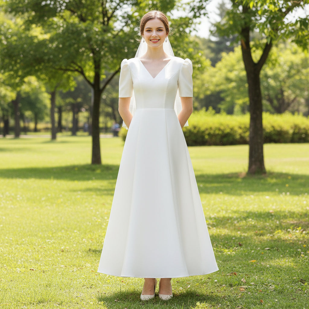 Robe de mariée en satin à manches 3/4, col en V, longueur cheville
