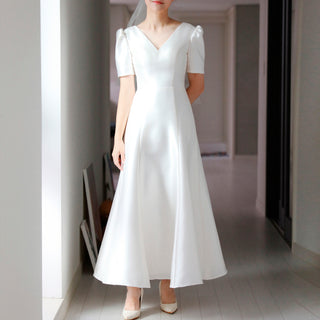 3/4 Sleeve Satin Vneck Wedding Dress with Ankle Length