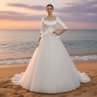 3/4 Sleeve A-line Wedding Dress With Illusion Neckline - Rosymae