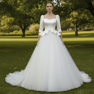 3/4 Sleeve A-line Wedding Dress With Illusion Neckline - Rosymae