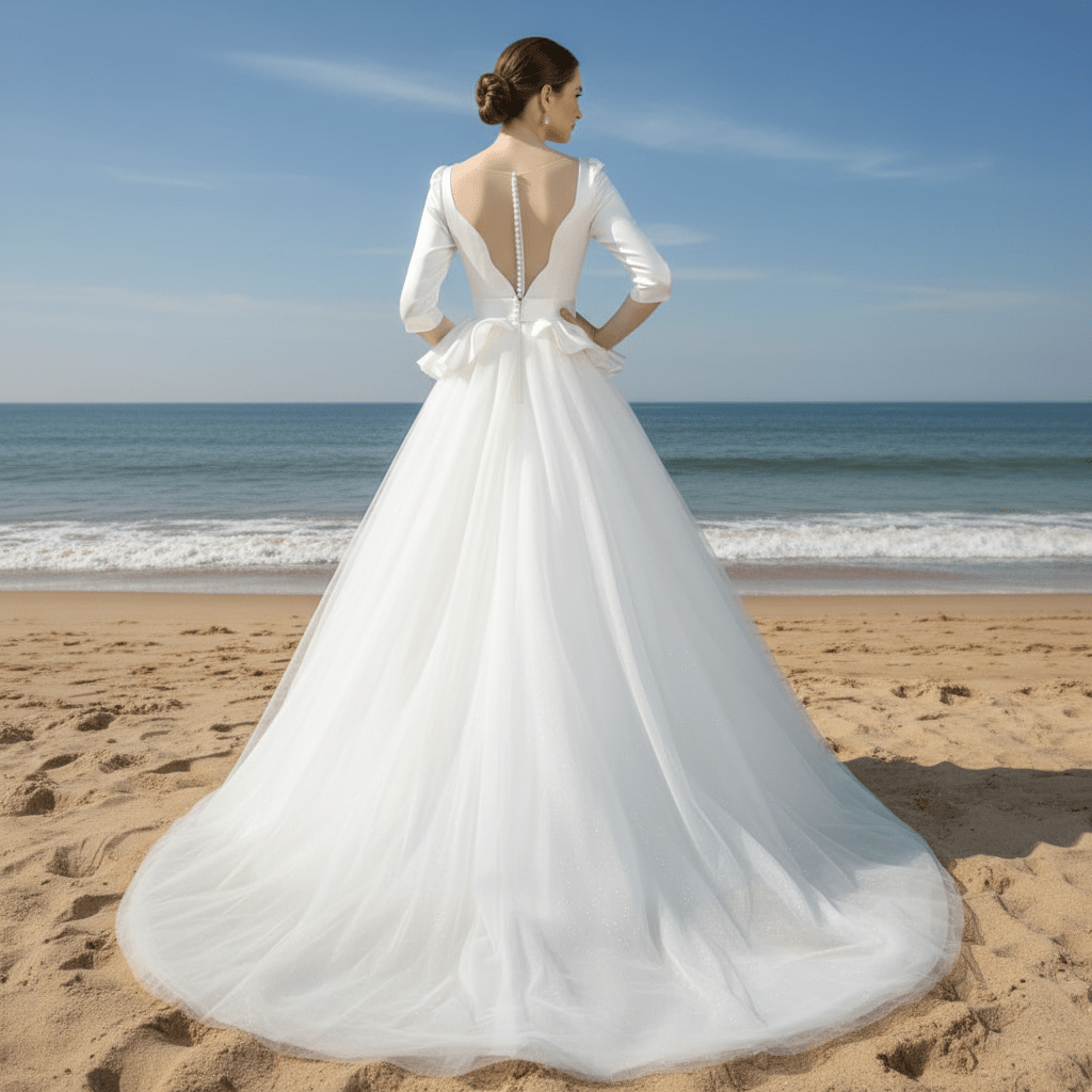 3/4 Sleeve A-line Wedding Dress With Illusion Neckline - Rosymae