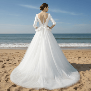 3/4 Sleeve A-line Wedding Dress With Illusion Neckline - Rosymae