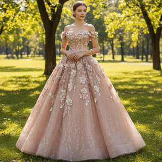 Gorgeous Pink Wedding Dress Ball Gown with Off-The-Shoulder