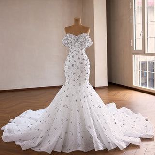 High-Density Silver Floral Beaded on Sparkly Tulle Wedding Dress  with Chapel Pooling Train