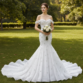 High-Density Silver Floral Beaded on Sparkly Tulle Wedding Dress  with Chapel Pooling Train