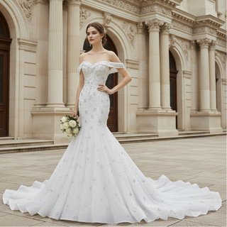 High-Density Silver Floral Beaded on Sparkly Tulle Wedding Dress  with Chapel Pooling Train