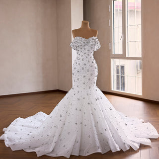 High-Density Silver Floral Beaded on Sparkly Tulle Wedding Dress  with Chapel Pooling Train