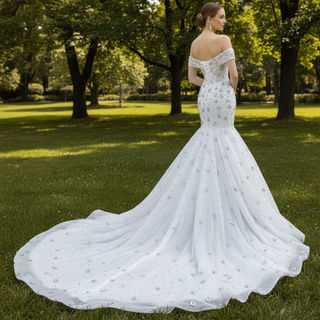 High-Density Silver Floral Beaded on Sparkly Tulle Wedding Dress  with Chapel Pooling Train