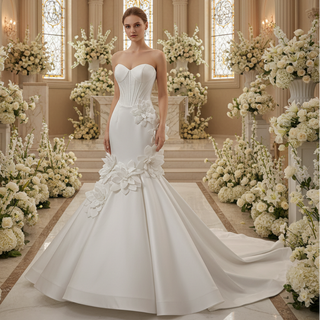 Mermaid Wedding Dress with Sculpted Sweetheart Bodice and 3D Floral Appliqués