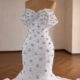 High-Density Silver Floral Beaded on Sparkly Tulle Wedding Dress  with Chapel Pooling Train