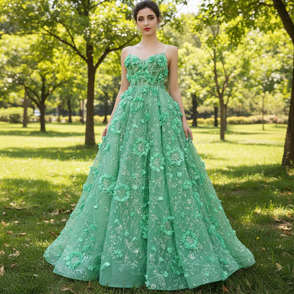 A-line 3D Flower Lace Prom Dress Formal Dress with Spaghetti Strap Rosymae A-line 3D Flower Lace Prom Dress Formal Dress with Spaghetti Strap Rosymae