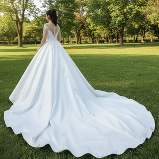 Sheer Long Sleeve Satin Ball Gown Wedding Dress with Sheer Neck