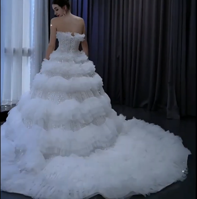 Elegant Strapless Big Skirt Ball Gown Sparkly Wedding Dress White / 10 Elegant Strapless Big Skirt Ball Gown Sparkly Wedding Dress White / 10