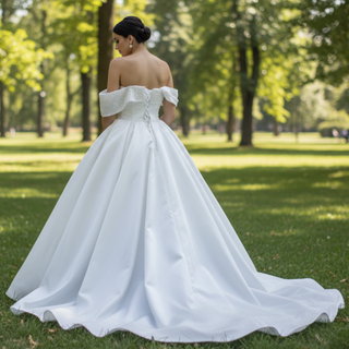 Satin Overskirt Pearl Wedding Dress Off the Shoulder Bridal Gown