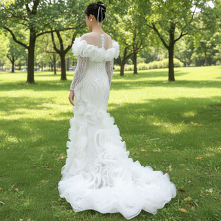 Mermaid Ruffle Wedding Dress with Off the Shoulder Long Sleeves