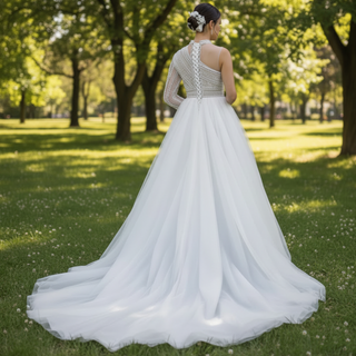 Mock Neck Pearl Beaded Overskirt Wedding Dress with One Shoulder Sleeve