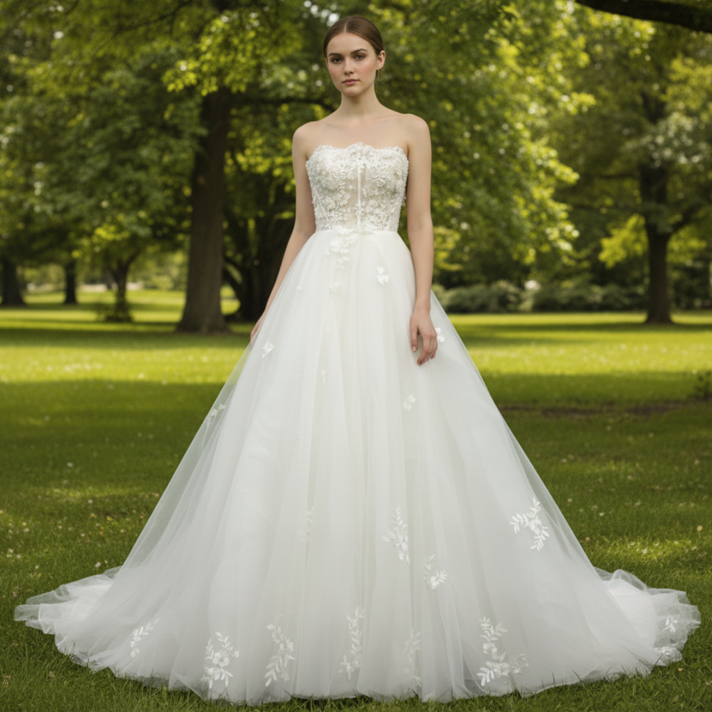Elegant Strapless A-Line Beaded Lace Tulle Wedding Dress Rosymae Elegant Strapless A-Line Beaded Lace Tulle Wedding Dress Rosymae