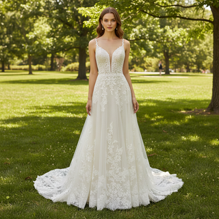 Plunging V Neck Wedding Dress with Tulle and Lace