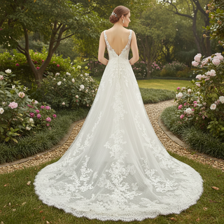 Plunging V Neck Wedding Dress with Tulle and Lace