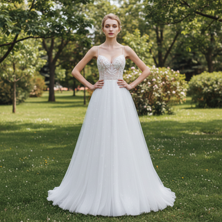 Gorgeous Spaghetti Straps Floral Lace A-Line Wedding Dress