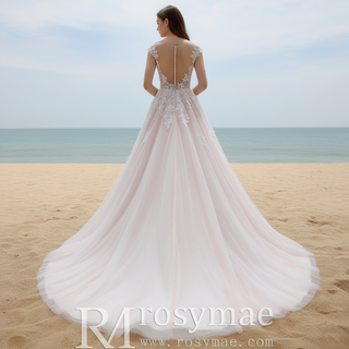 Elegant A-line Flowy Wedding Dress with Cap Sleeve for Beach