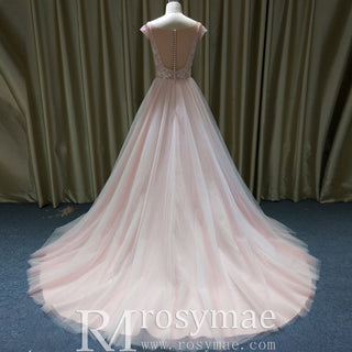 Elegant A-line Flowy Wedding Dress with Cap Sleeve for Beach