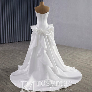 Unique V-neck Satin Wedding Dress with Rufled Skirt