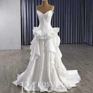 Unique V-neck Satin Wedding Dress with Rufled Skirt