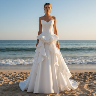 Unique V-neck Elegant Satin Wedding Dress with Rufled Skirt