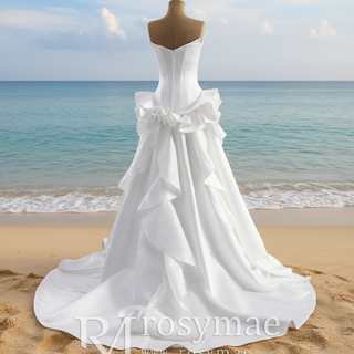 Unique V-neck Elegant Satin Wedding Dress with Rufled Skirt