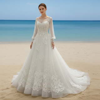 Elegant A-line Lace Appliqued Wedding Dress with Flutter Sheer Long Sleeve