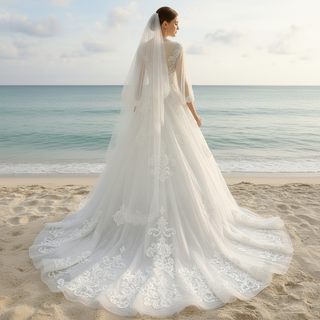 Elegant A-line Lace Appliqued Wedding Dress with Flutter Sheer Long Sleeve