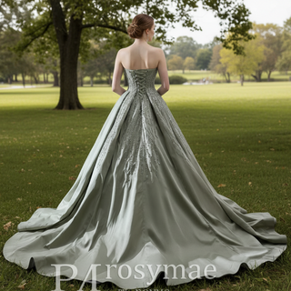 A-line Satin Wedding Dress Strapless Asymmetrical Formal Gown