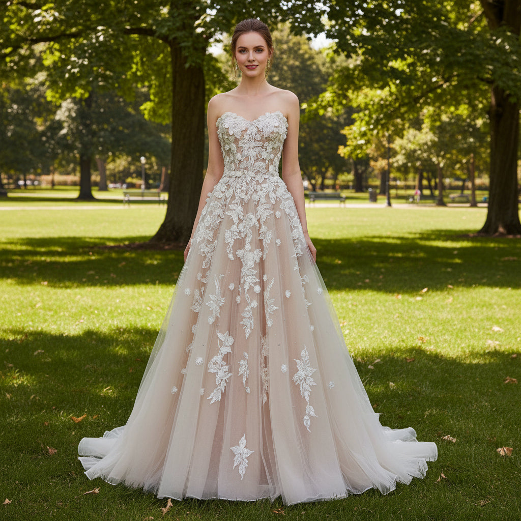 Champagne A-line Wedding Dress with Sweetheart Neckline White / Custom Size Champagne A-line Wedding Dress with Sweetheart Neckline White / Custom Size
