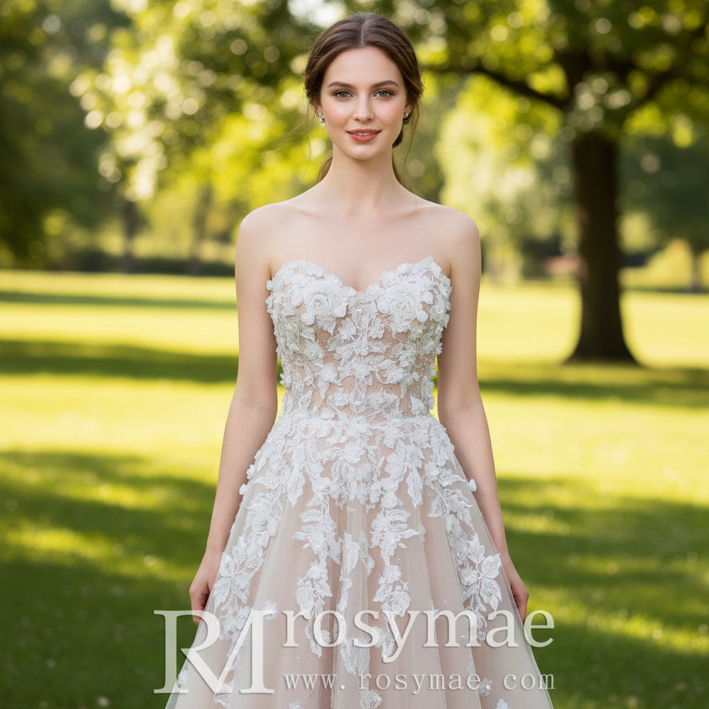 Champagne A-line Wedding Dress with Sweetheart Neckline White / Custom Size Champagne A-line Wedding Dress with Sweetheart Neckline White / Custom Size
